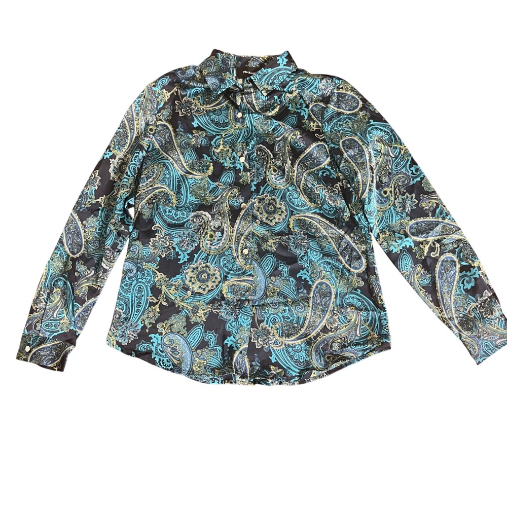 New The Kooples Silk Paisley Blouse Women size XS Teal Navy‎ Button Down